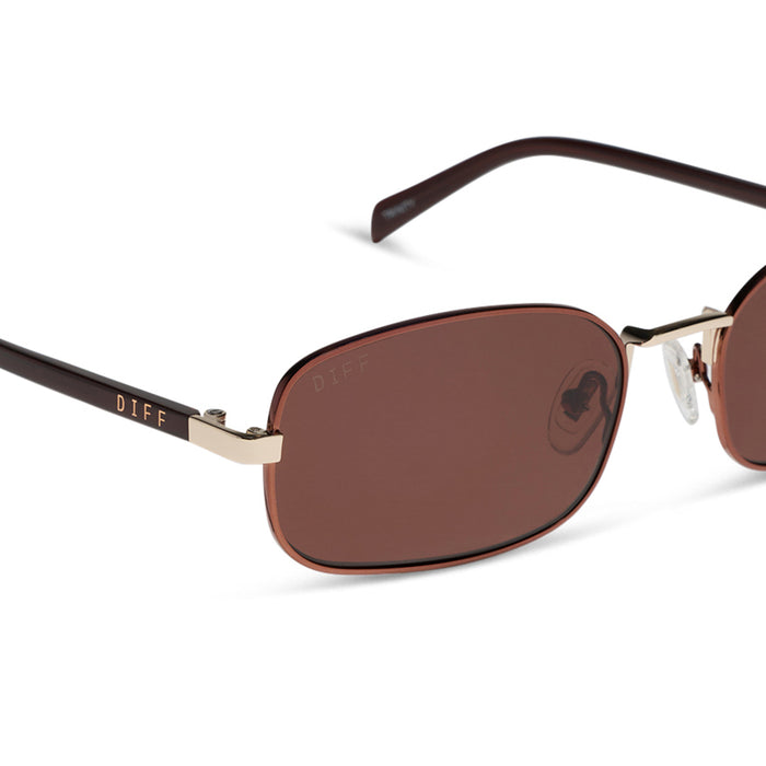 rachael kirkconnell x diff eyewear naomi square sunglasses with a brown and gold metal frame and brown lenses detailed view