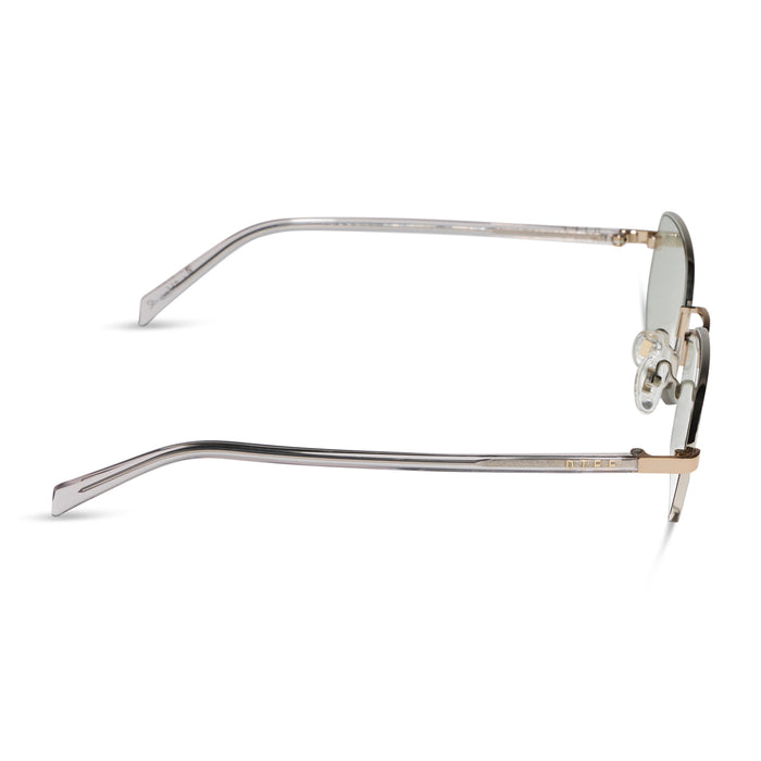 rachael kirkconnell x diff eyewear naomi square sunglasses with a trinity silver and gold metal frame and silver lenses side view