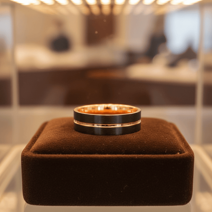 TRISTON — Premium boutique display on velvet — men's tungsten wedding ring.