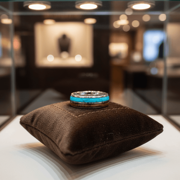 TURKOA — Premium boutique display on velvet — men's tungsten wedding ring.