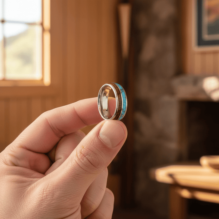 TURKOA — Held between fingers close-up — men's tungsten wedding ring.