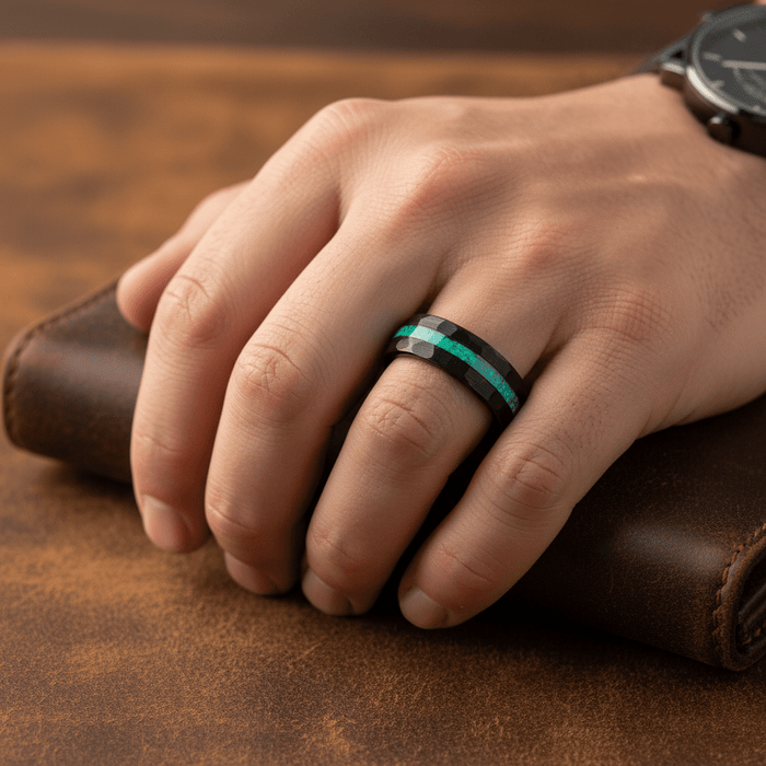 TURQUISEA — Lifestyle photo on hand — men's tungsten wedding ring.