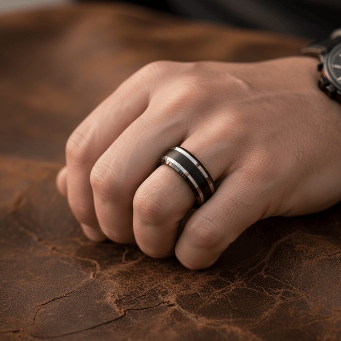 VELUTUS — lifestyle on hand — men's tungsten carbide wedding ring | Aydins Jewelry