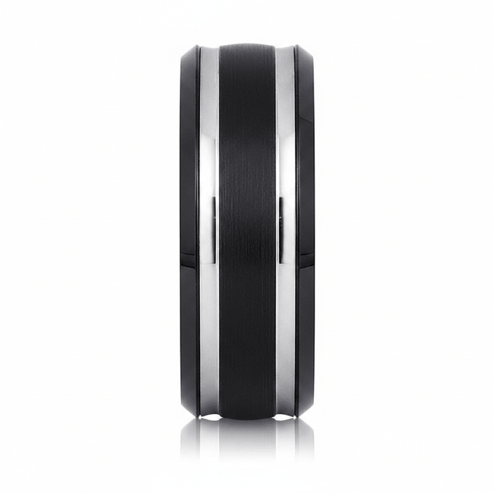 VELUTUS — angled view — men's tungsten carbide wedding ring | Aydins Jewelry