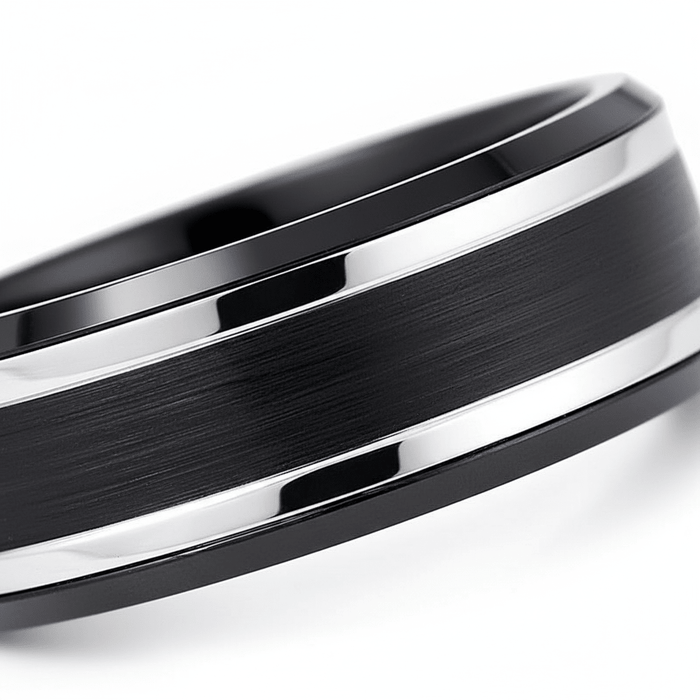 VELUTUS — close-up detail — men's tungsten carbide wedding ring | Aydins Jewelry