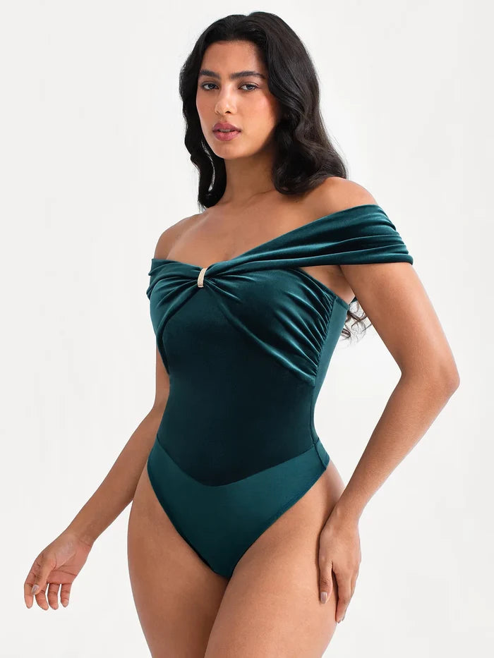 Popilush® Velvet Sleeveless Sculpting Drape Bodysuit