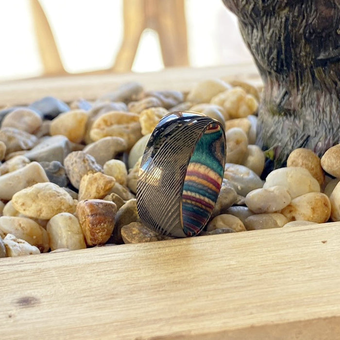 VERA | Multi Color Wood, Gunmetal Damascus Steel Ring, Domed - Rings - Aydins Jewelry - 7