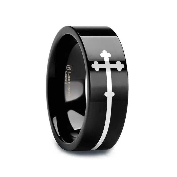 VESPER black tungsten ring with sideways cross laser-engraved at the center – Aydins Jewelry