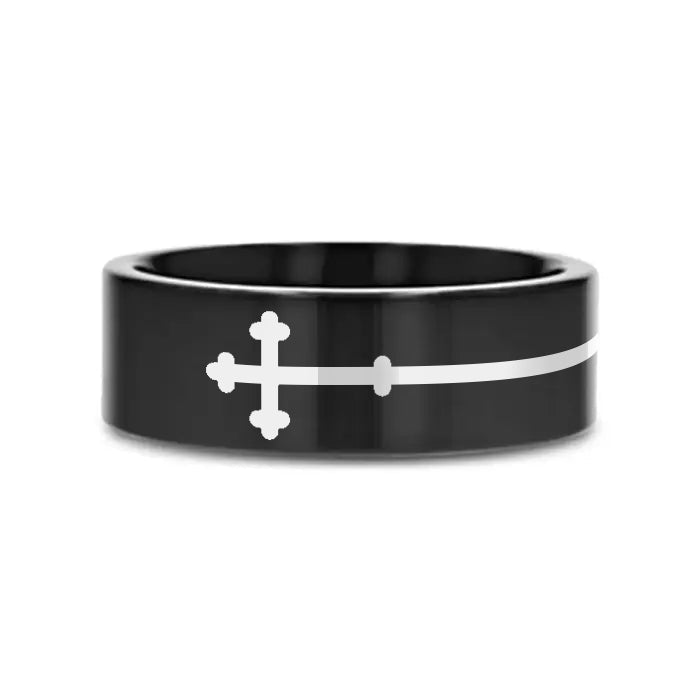 VESPER black tungsten ring with sideways cross laser-engraved at the center – Aydins Jewelry