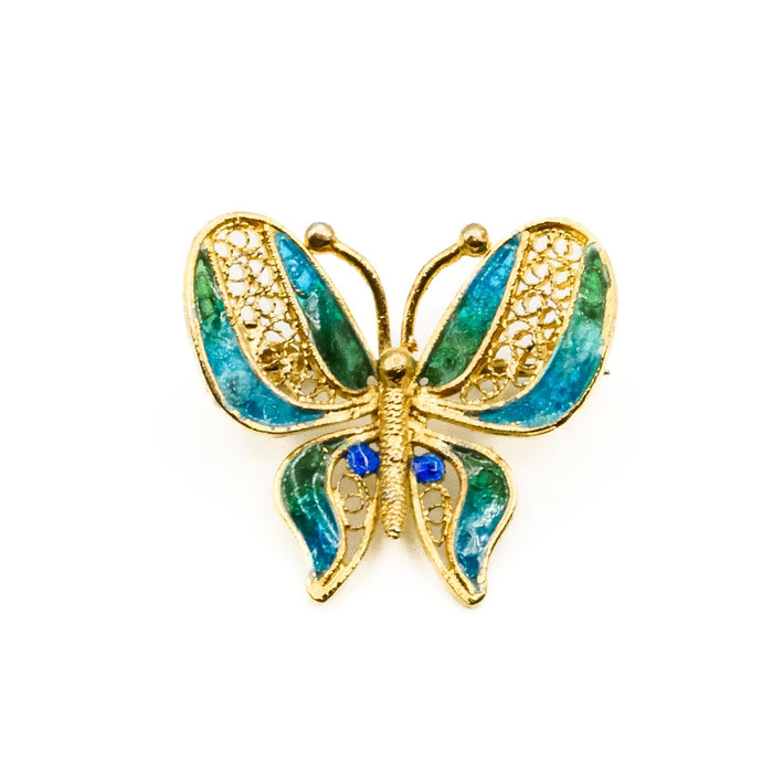 Vintage 800 Silver Gold Plated Filigree Blue Butterfly Brooch Pin