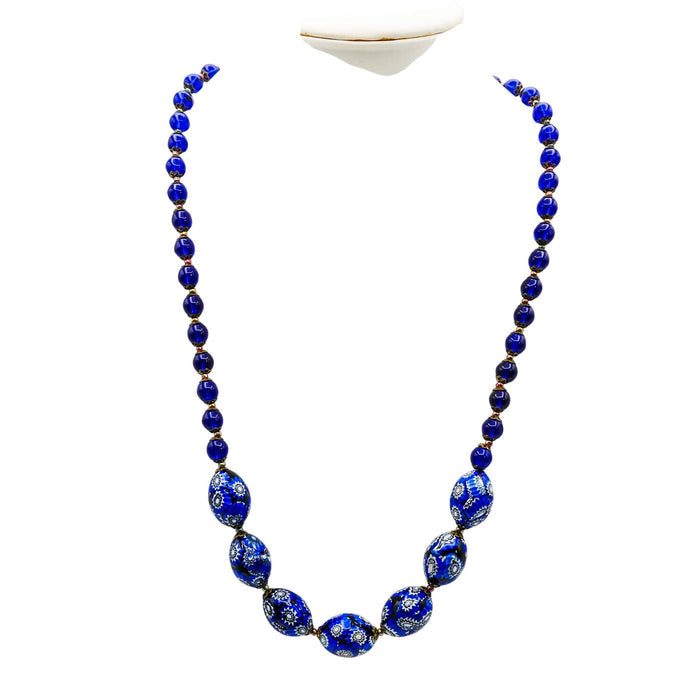 Vintage Blue Millefiori & Cobalt Blue Silver Foil Beaded Necklace 25 Inches