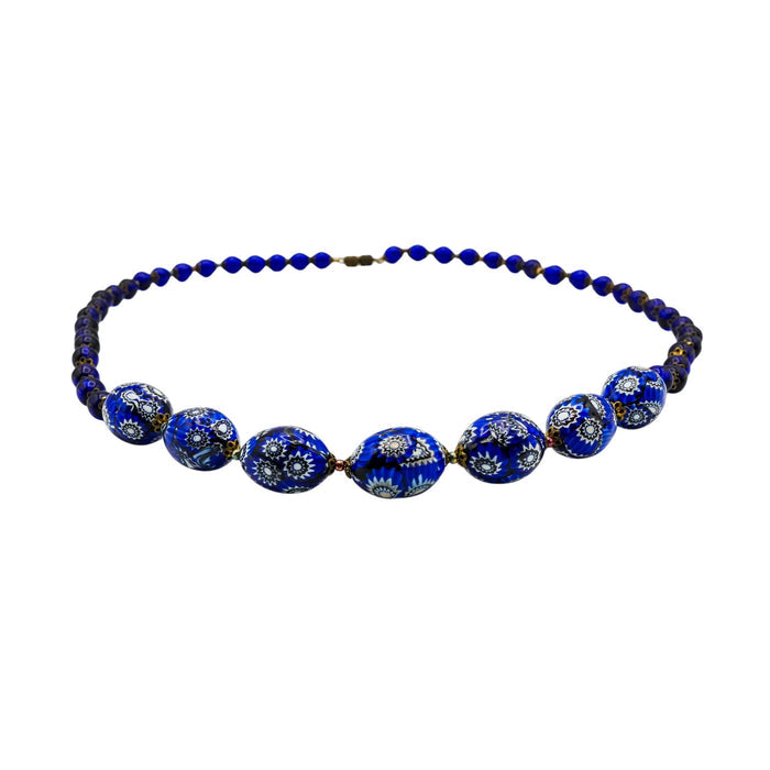 Vintage Blue Millefiori & Cobalt Blue Silver Foil Beaded Necklace 25 Inches