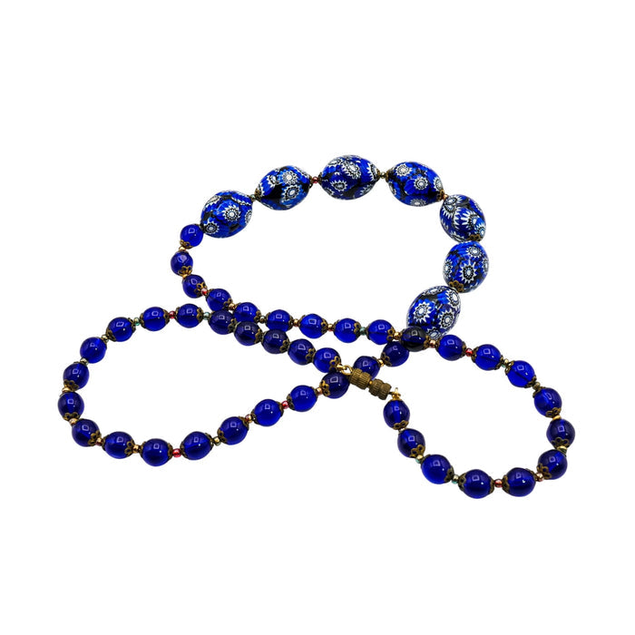 Vintage Blue Millefiori & Cobalt Blue Silver Foil Beaded Necklace 25 Inches