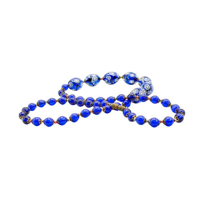 Vintage Blue Millefiori & Cobalt Blue Silver Foil Beaded Necklace 25 Inches