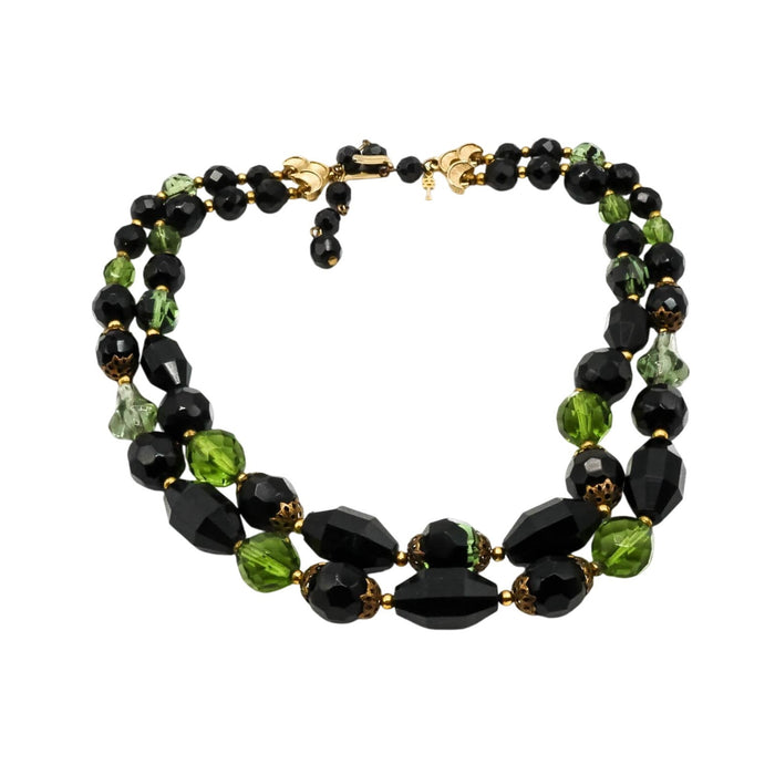 Vintage Crown Trifari Black & Green Double-Strand Necklace Size 15-17 Inches
