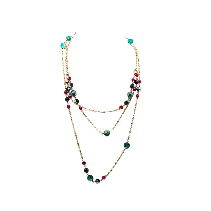 Vintage Gold Plated Green Red Black AB Crystal Necklace Size 60 Inches