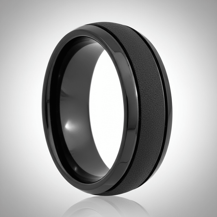 VORTEX — Center-through axial view — men's tungsten wedding ring.