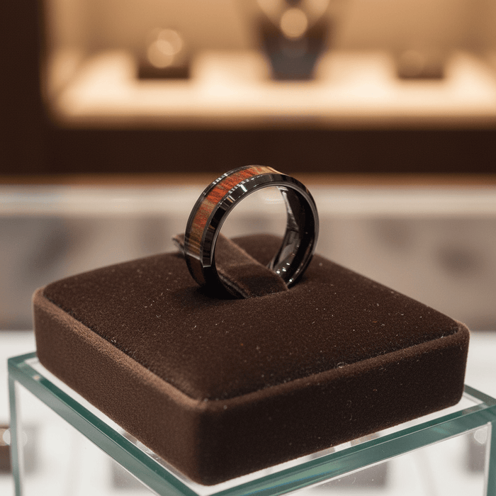 WARDEN — Premium boutique display on velvet — men's tungsten wedding ring.