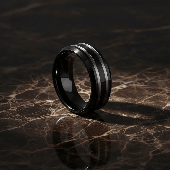 WOLSEY — detail view — men's tungsten carbide wedding ring | Aydins Jewelry