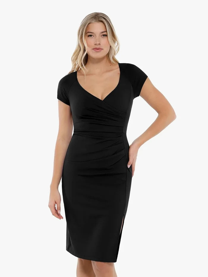Popilush® Midi Braless Work Dress for Office Lady Shapewear Short Sleeve Perfect Form Sheath Dress