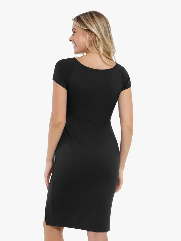 Popilush® Midi Braless Work Dress for Office Lady Shapewear Short Sleeve Perfect Form Sheath Dress