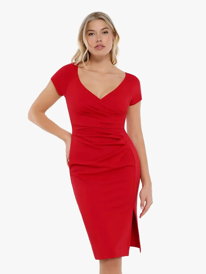 Red sheath dress with sweetheart neckline, short sleeves, and ruched waist.