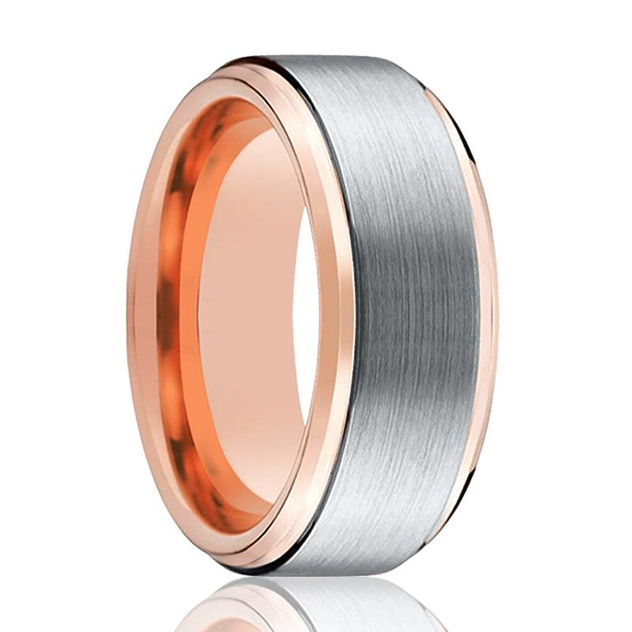 Tungsten Wedding Band - Men and Women - Comfort Fit - Rose Gold & Silver Brushed Beveled Edge - Tungsten Carbide Wedding Ring -  4mm - 6mm - 8mm - 10mm - AydinsJewelry