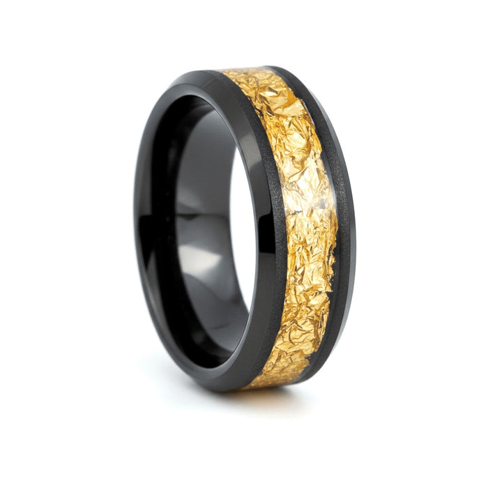 ZORYN black tungsten wedding ring with gold foil inlay and beveled edges - front view