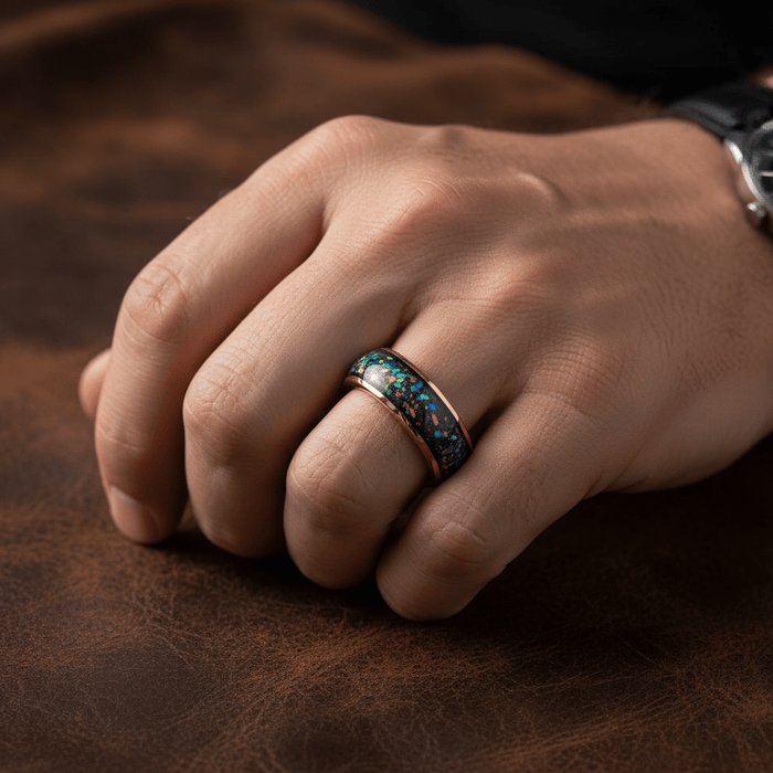 ZUFAR — Lifestyle photo on hand — men's tungsten wedding ring.